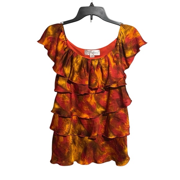 Colleen Lopez Top Size M Orange Tiered Ruffles Layered Short Sleeve Fall Autumn - Picture 1 of 8